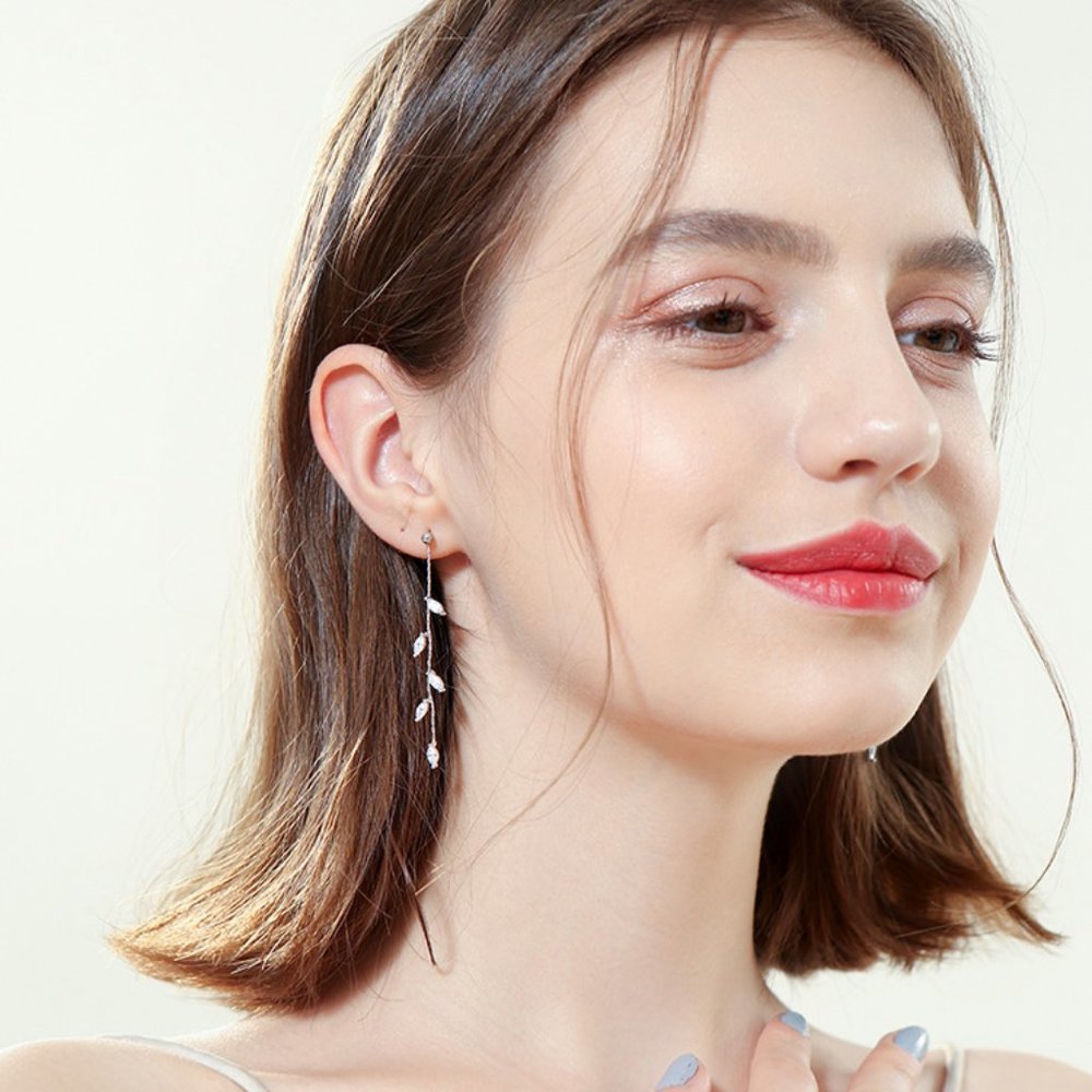 *NEW Sterling Silver Diamond Leaf Drop Earrings - Picture 4 of 7